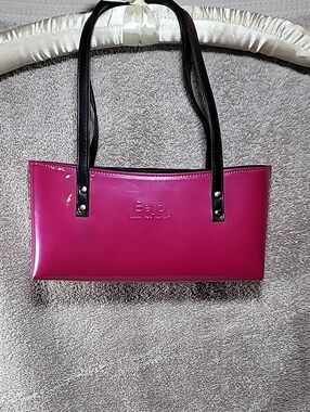 Beijo Pink Patent-Finish Shoulder Bag with Black Straps And Silver-tone Accents